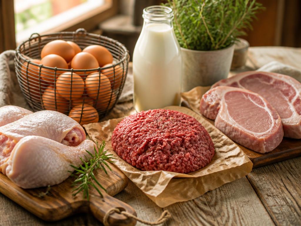 Farm staples: eggs, milk, chicken, pork, and beef