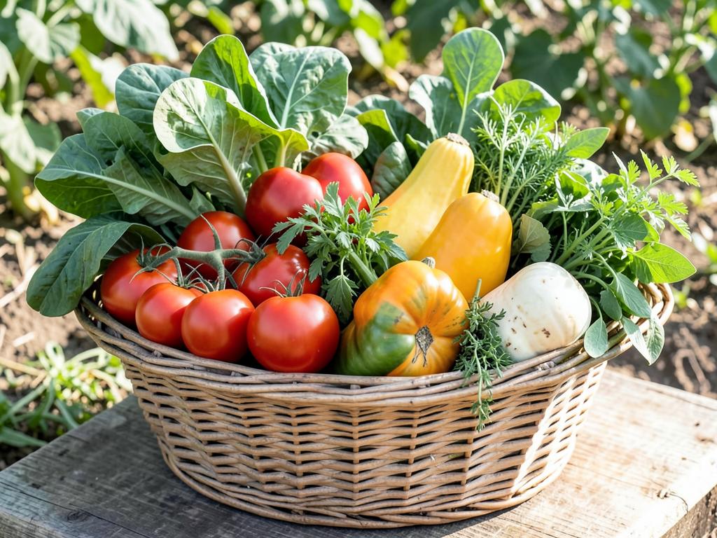 Seasonal produce basket with vegetables and herbs