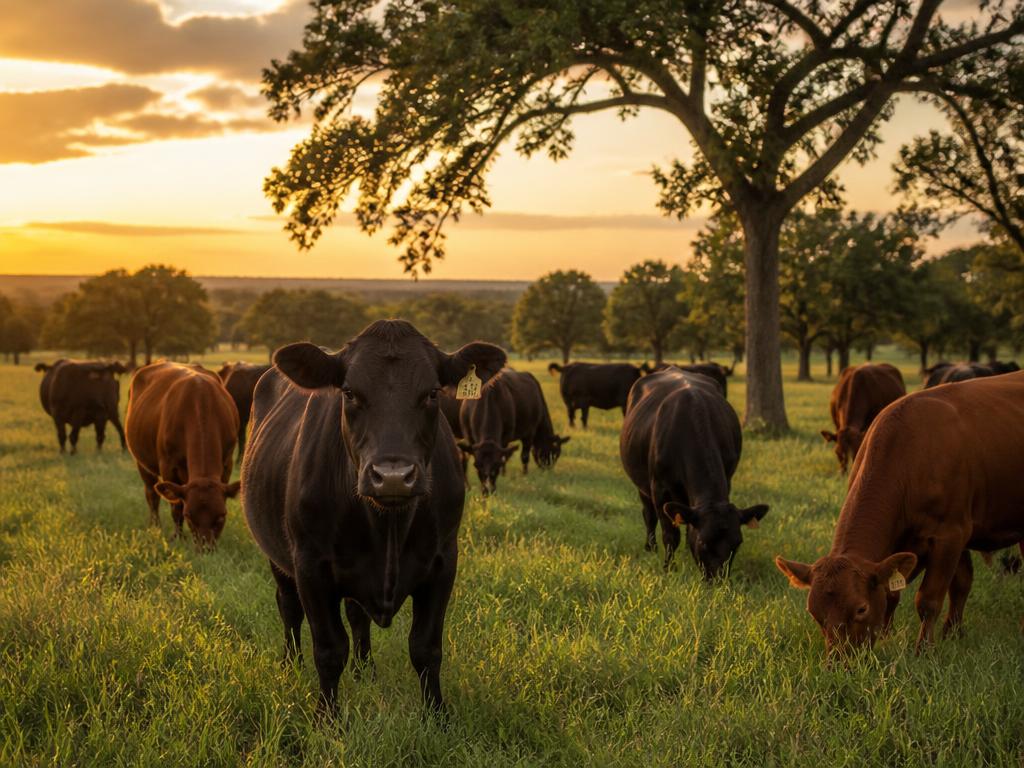 Grass-fed beef cattle grazing on Texas pasture