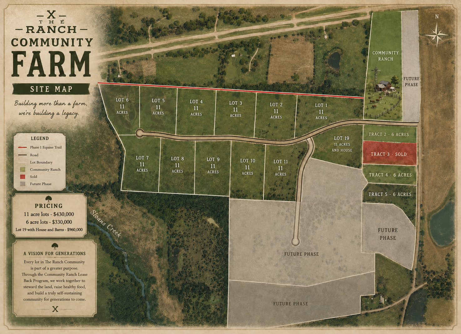 Phase One sales map of The Ranch of Bois D'Arc showing 11-acre lots, 6-acre tracts, Lot 19 with house and barns, pricing, and future phases