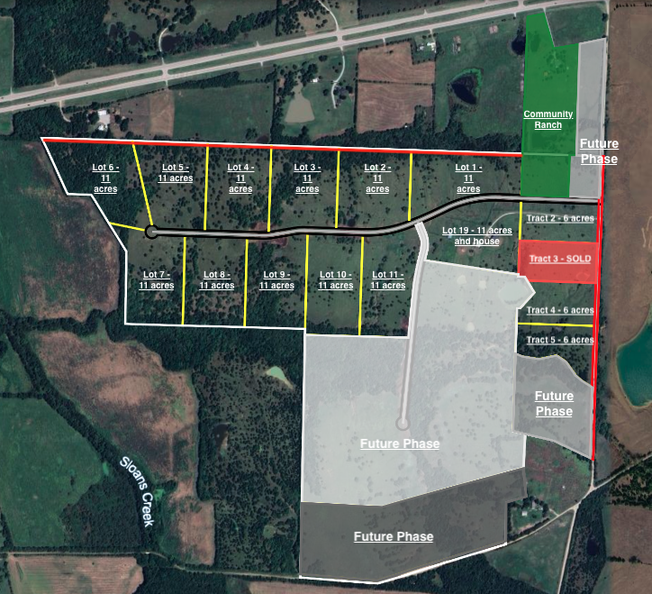 Updated lot layout of The Ranch of Bois D'Arc showing 11-acre lots, 6-acre tracts, sold tracts, and future phases