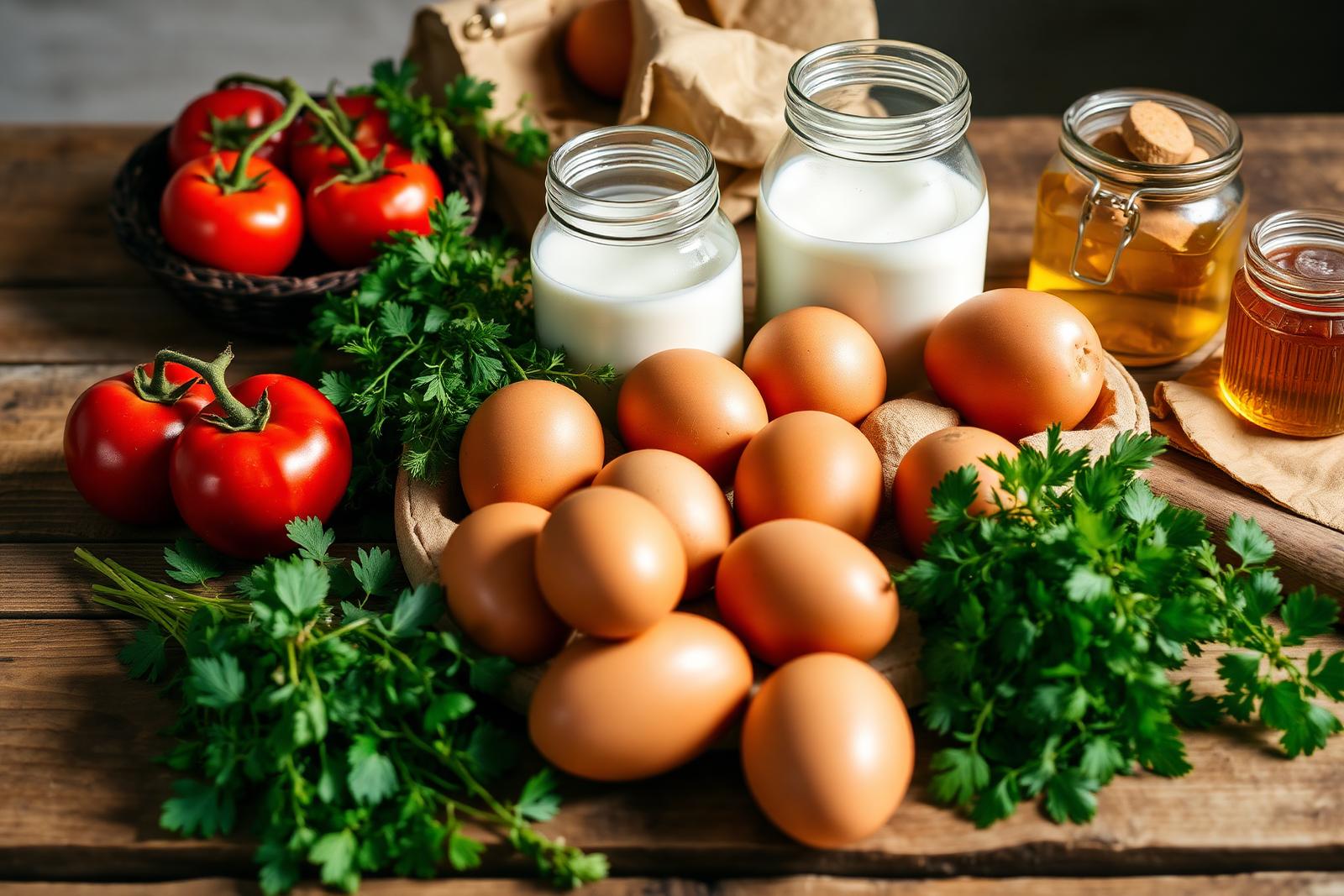 Fresh eggs, milk, tomatoes, herbs, and honey on a wooden table