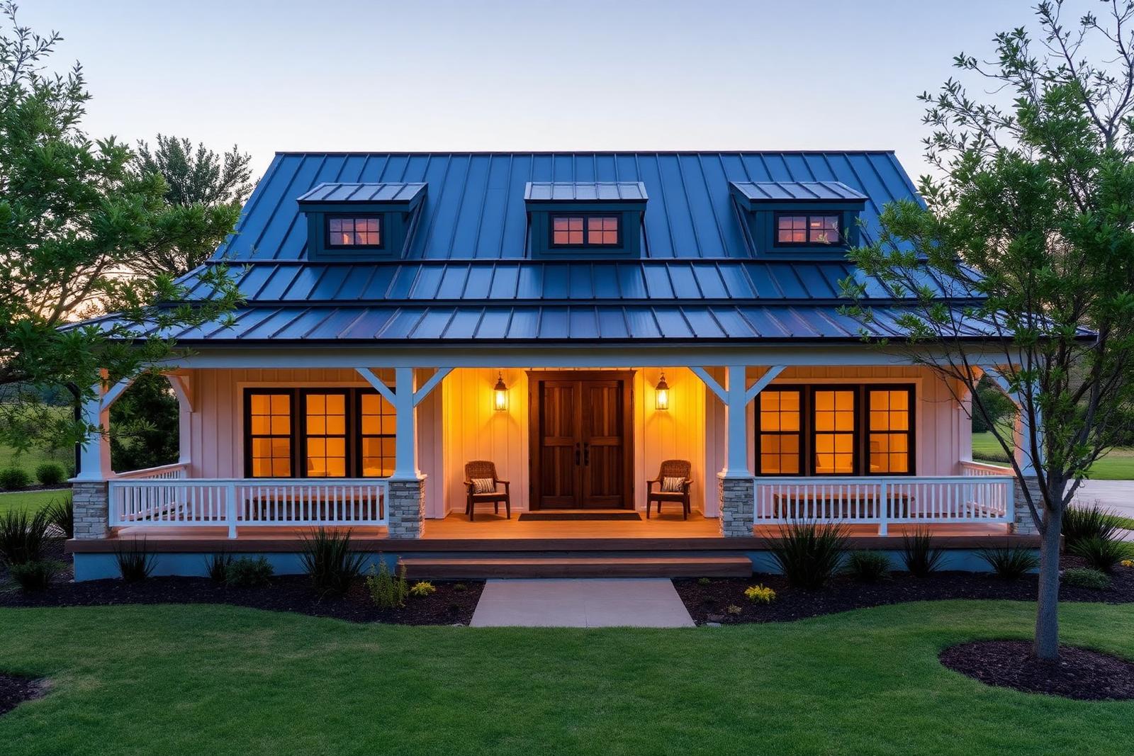 Craftsman farmhouse with wide porch at dusk
