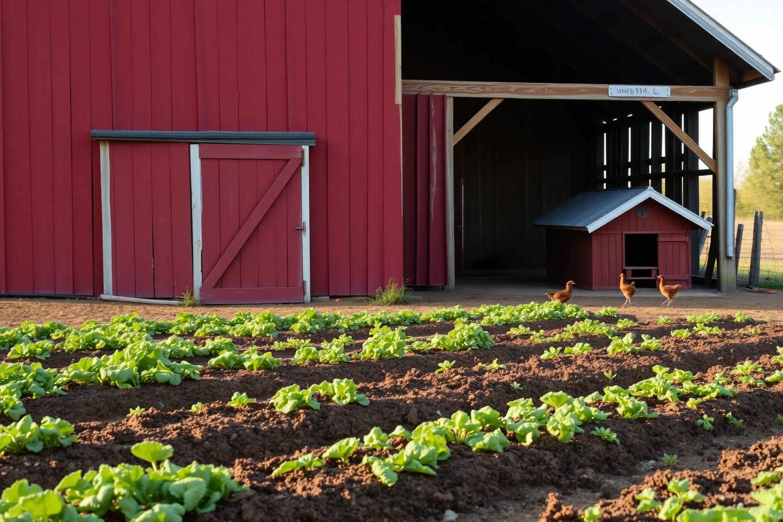 Red barn with garden rows and chickens